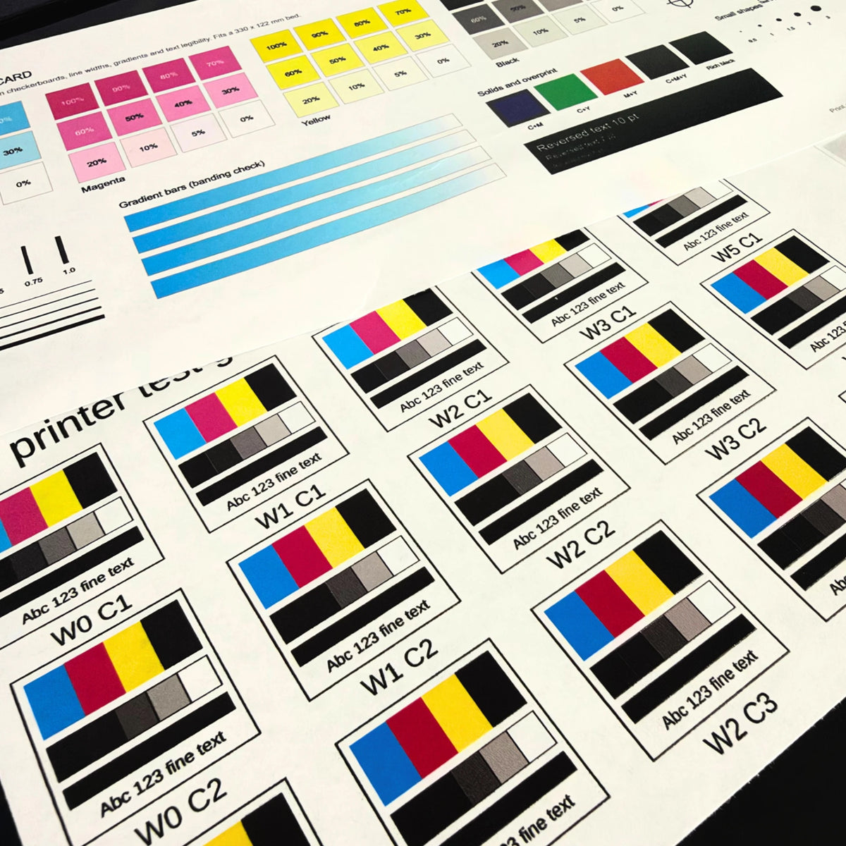 Close-up of a UV printed test grid comparing white ink and color layer swatches W0 C1 through W3 C2, with the calibration card gradient bars behind it