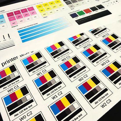 Close-up of a UV printed test grid comparing white ink and color layer swatches W0 C1 through W3 C2, with the calibration card gradient bars behind it