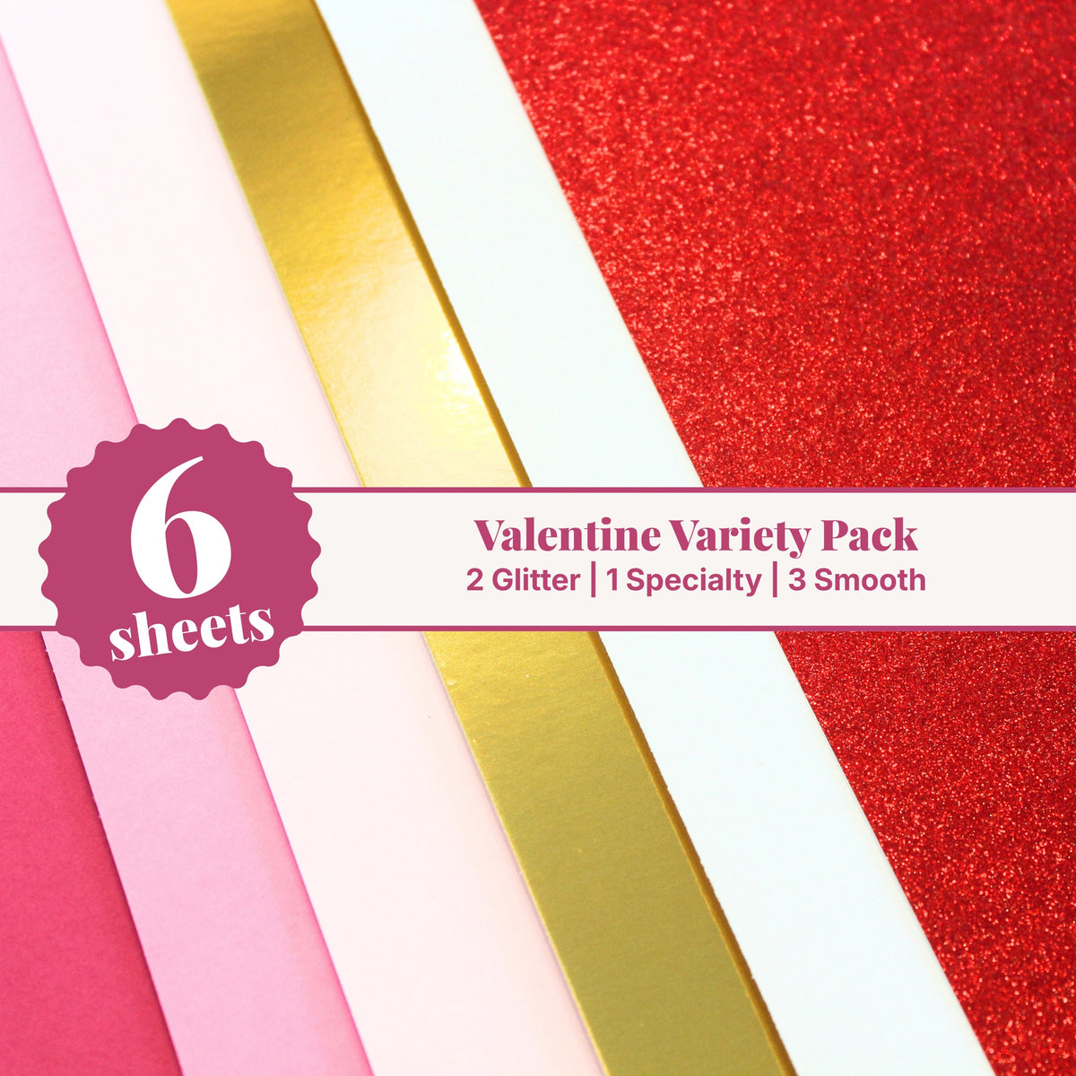 Valentine cardstock variety pack, 6 sheets of 12x12 cardstock with 2 glitter, 1 mirror gold specialty, and 3 smooth sheets in red, pink, and white