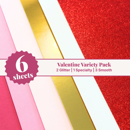 Valentine cardstock variety pack, 6 sheets of 12x12 cardstock with 2 glitter, 1 mirror gold specialty, and 3 smooth sheets in red, pink, and white