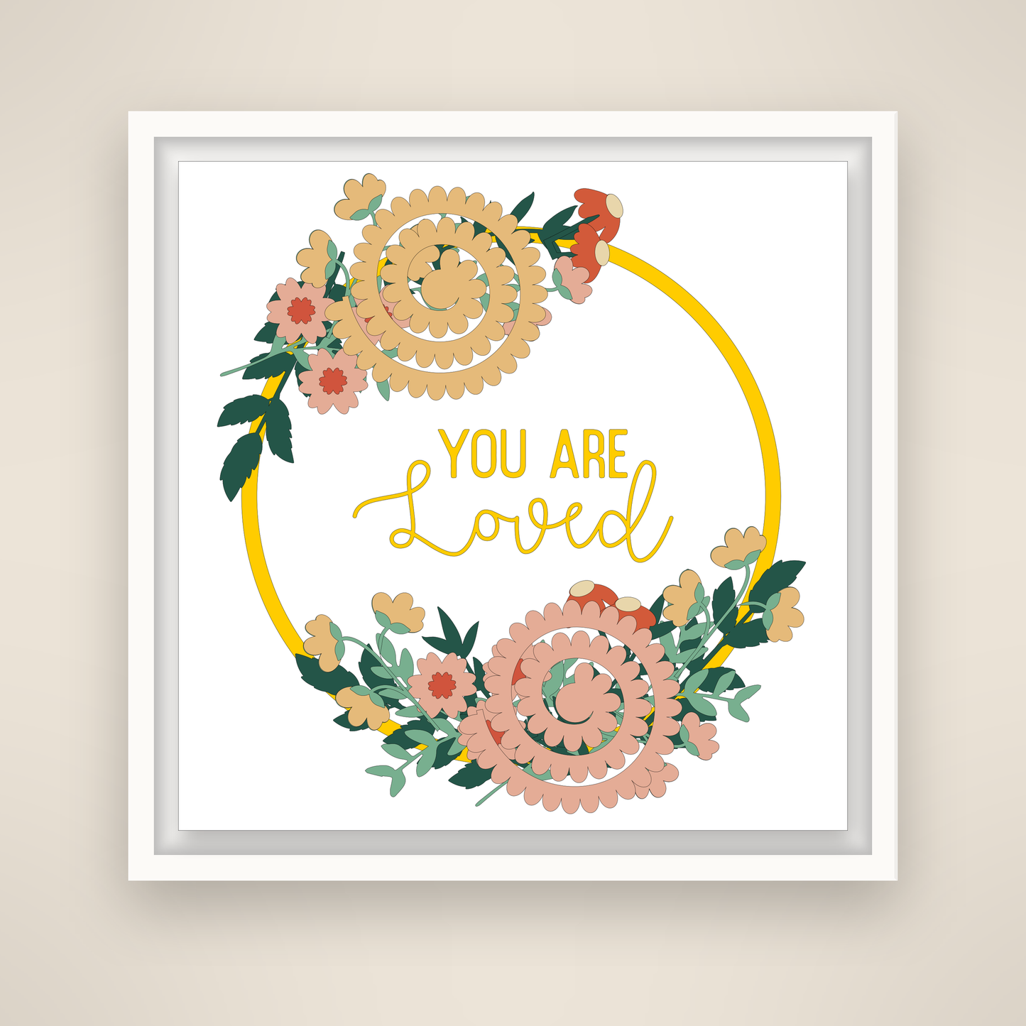 You Are Loved floral wreath SVG shown in a white shadow box frame, Cricut paper craft