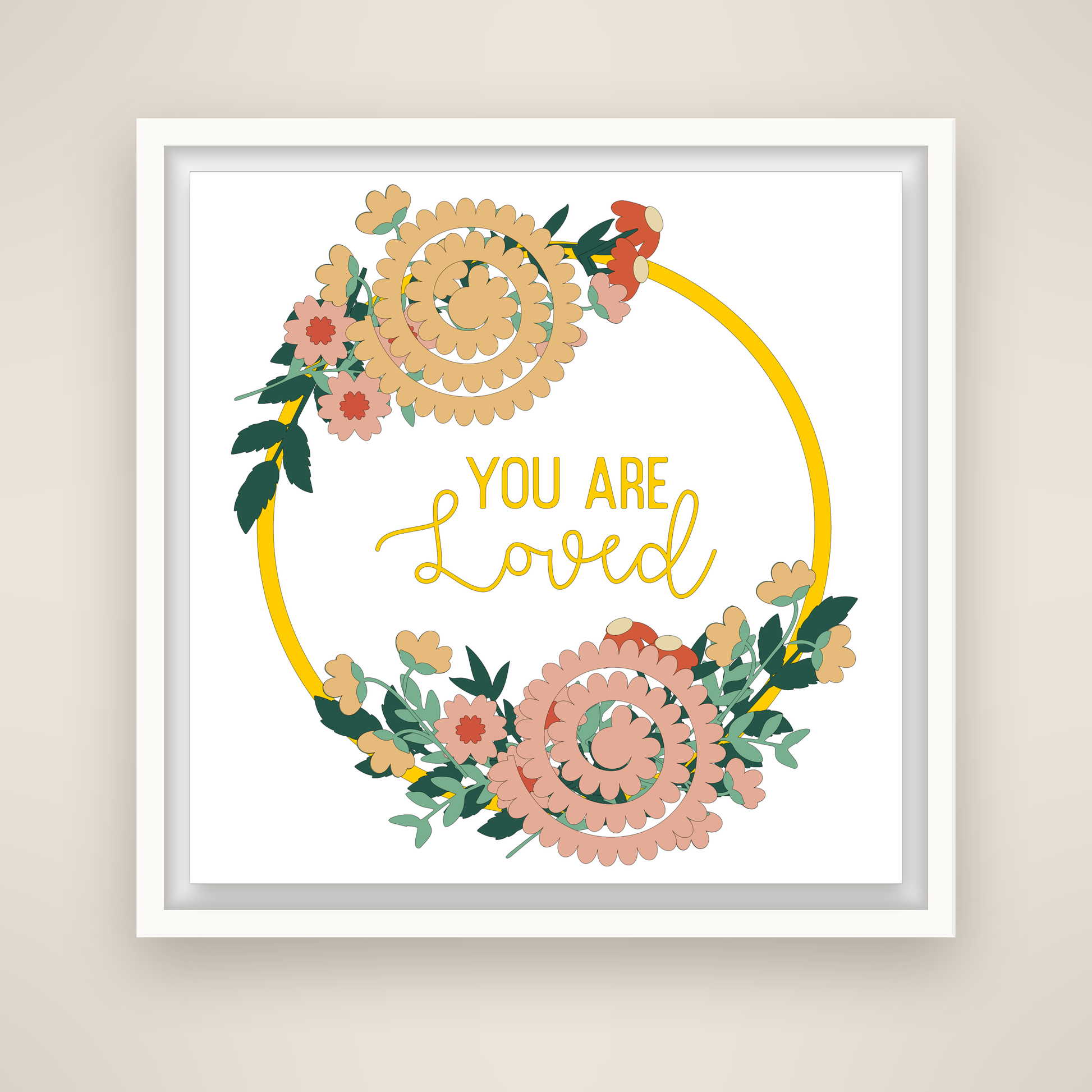 You Are Loved floral wreath SVG shown in a white shadow box frame, Cricut paper craft