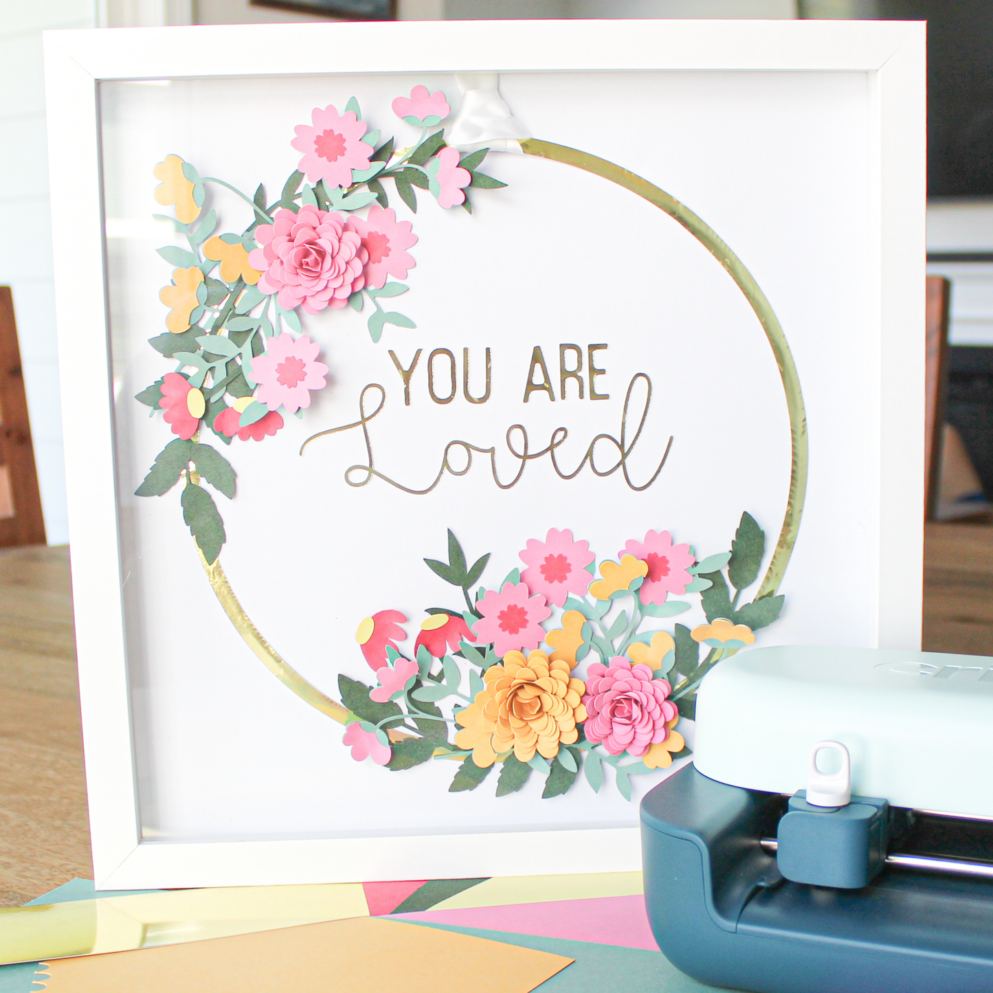Finished You Are Loved floral wreath layered shadow box made from the SVG cut file