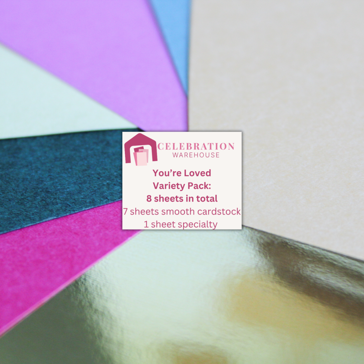 You're Loved cardstock variety pack — 8 fanned 12x12 sheets in pink, green, yellow and mirror gold