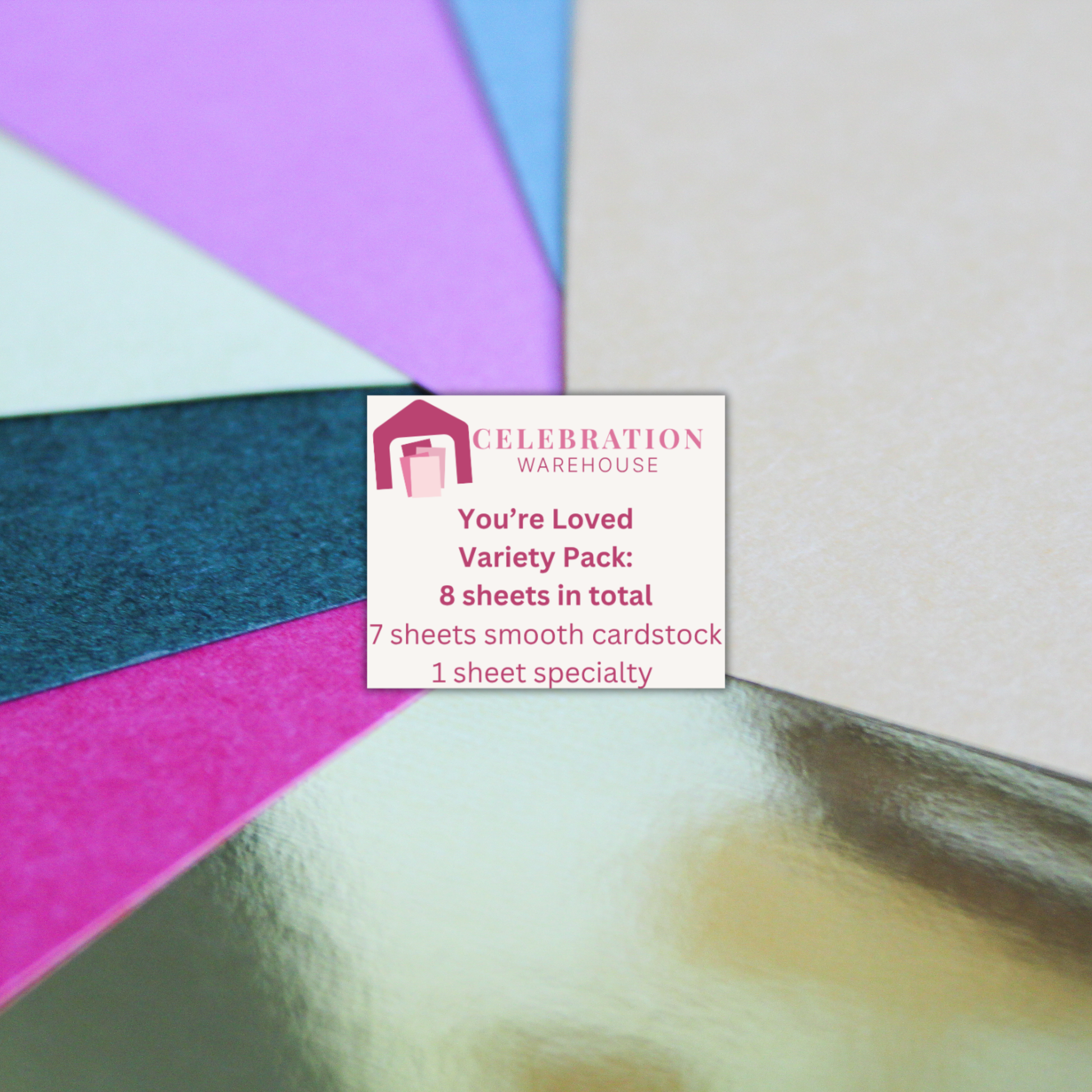 You're Loved cardstock variety pack — 8 fanned 12x12 sheets in pink, green, yellow and mirror gold